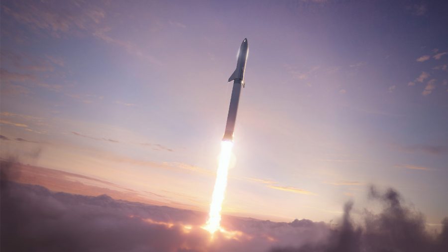 A stimulation of SpaceXs Super Heavy Rocket, 2019. 