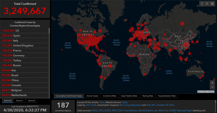 A screenshot of the COVID-19 Map provided by Johns Hopkins University that shows the total number of confirmed cases and where these cases were reported from.