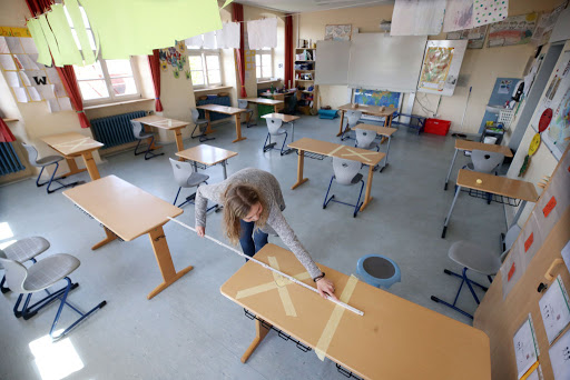 Schools in Germany setting up to return to school in the coming weeks, now with socially distanced tables among measures to prevent the spread of COVID.
