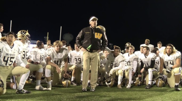 Westfield Football Coach Kyle Simmons in front of his team before a big playoff game. 