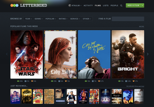 A look at Letterboxds interface and the selection of movies users can log into their accounts.